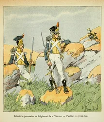 Illustration de Louis Bombled (1862-1927) du livre « Le Mémorial de Sainte-Hélène » du comte Emmanuel de Las Cases (1766-1842) : Infanterie polonaise ; Régiment de la Vistule ; fusilier et grenadier