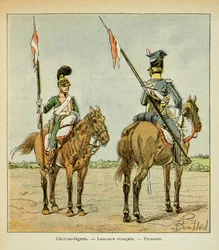 Illustration de Louis Bombled (1862-1927) du livre « Le Mémorial de Sainte-Hélène » du comte Emmanuel de Las Cases (1766-1842) : Chevaux légers de la Garde : Lancier français et polonais