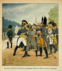Illustration de Louis Bombled (1862-1927) tirée du livre „Le Mémorial de Sainte-Hélène“ du comte Emmanuel de Las Cases (1766-1842) : le général Rapp fait arrêter par un gendarme le jeune Stabs, qui voulait assassiner l