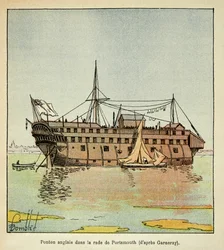Illustration de Louis Bombled du livre « Le Mémorial de Sainte-Hélène » du comte Emmanuel de Las Cases : Ponton anglais dans le port de Portsmouth servant de prison pour les Français, collection privée