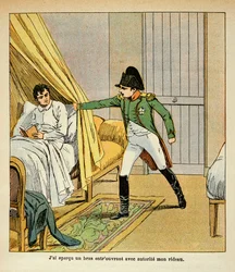 Illustration de Louis Bombled du livre « Le Mémorial de Sainte-Hélène » du comte Emmanuel de Las Cases : Napoléon réveille Las Cases au lit à Sainte-Hélène, collection privée