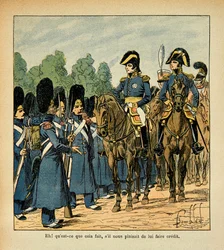 Illustration de Louis Bombled (1862-1927) du livre « Le Mémorial de Sainte-Hélène » par le comte Emmanuel de Las Cases (1766-1842) : Un grognard appelle un officier