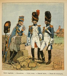 Illustration de Louis Bombled (Le Mémorial de Sainte-Hélène) : Grenadiers de la Garde impériale : Petit uniforme, grand uniforme et uniforme de campagne
