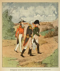 Illustration de Louis Bombled (1862-1927) tirée du livre « Le Mémorial de Sainte-Hélène » du comte Emmanuel de Las Cases (1766-1842) : Conversation entre Napoléon, le gouverneur Hudson Mowe et l