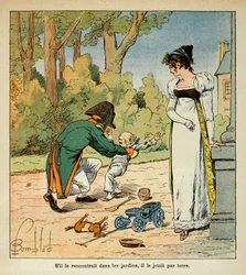 Illustration par Louis Bombled (1862-1927) tirée du livre « Le Mémorial de Sainte-Hélène » par le comte Emmanuel de Las Cases (1766-1842) : Napoléon jouant avec son fils en présence de Marie-Louise, Collection privée