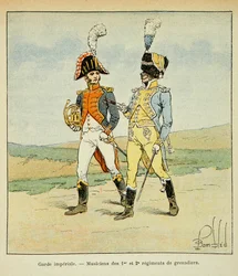 Illustration de Louis Bombled (1862-1927) du livre « Le Mémorial de Sainte-Hélène » du comte Emmanuel de Las Cases (1766-1842) : Garde impériale : Musiciens des 1er et 2e régiments de grenadiers