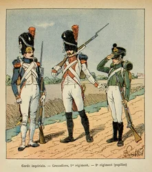 Illustration de Louis Bombled (1862-1927) du livre « Le Mémorial de Sainte-Hélène » du comte Emmanuel de Las Cases (1766-1842) : Garde impériale ; Grenadier du 1er régiment ; élèves du 2e régiment