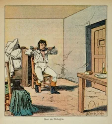 Illustration de Bombled Louis (1862-1927) du livre « Le Mémorial de Sainte-Hélène » par le comte Emmanuel de Las Cases (1766-1842) : Mort de Jean Charles Pichegru (1761-1804) dans sa prison en 1804, Collection privée