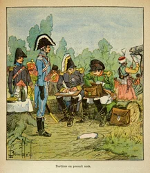 Illustration de Louis Bombled (1862-1927) du livre « Le Mémorial de Sainte-Hélène » par le comte Emmanuel de Las Cases (1766-1842) : Le maréchal Louis Alexandre Berthier (1753-1815) note les ordres de Napoléon, Collection Partielle