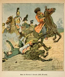 Illustration de Louis Bombled (1862-1927) du livre « Le Mémorial de Sainte-Hélène » par le comte Emmanuel de Las Cases (1766-1842) : Mort du général Jean Victor Marie Moreau (1763-1813) à la bataille de Dresde le 26 août 1813, Collection Privée