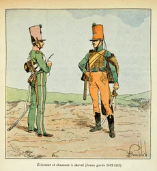 Illustration de Louis Bombled du livre « Le Mémorial de Sainte-Hélène » du comte Emmanuel de Las Cases : Armée française : Éclaireur et chasseur de la jeune garde 1813 - 1815, collection privée