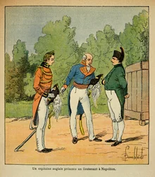 Illustration de Louis Bombled (1862-1927) du livre « Le Mémorial de Sainte-Hélène » par le comte Emmanuel de Las Cases (1766-1842) : À Sainte-Hélène, un capitaine anglais présente à l