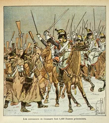 Illustration de Bombled Louis (1862-1927) du livre « Le Mémorial de Sainte-Hélène » par le comte Emmanuel de Las Cases (1766-1842) : Le 9e régiment de cuirassiers du colonel Doumere capture 1800 Russes lors de la campagne de Russie, Collection privée