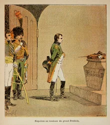 Illustration par Louis Bombled (1862-1927) du livre Le Mémorial de Sainte-Hélène par le comte Emmanuel de Las Cases (1766-1842) : Napoléon méditant sur le cercueil de Frédéric II de Prusse dans la crypte de la Garnisonkirche à Potsdam en 1806, Collection p