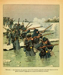 Janvier 1871, Héricourt, les chasseurs du capitaine Sarda plongent à moitié dans la glace de la Lisaine, tenant l