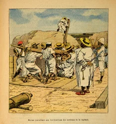 La guerre à Madagascar - Histoire anecdotique des expéditions françaises de 1885-1895 par Henri Galli dit Gallichet (1854-1922), illustré par Louis Bombled (1862-1927) : Hovas travaillant aux fortifications de la capitale en 1895, Collection privée