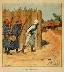 La Guerre à Madagascar-Histoire anecdotique des expéditions françaises de 1885-1895 par Henri Galli dit Galllichet, illustré par Louis Bombled : Les troupes françaises entrent dans le village de Mevatanana en 1895