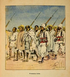 La Guerre à Madagascar - Histoire anecdotique des expéditions françaises de 1885-1895 par Henri Galli dit Galllichet, illustrée par Louis Bombled : Prisonniers Hovas en 1895