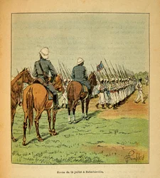 La Guerre à Madagascar - Histoire anecdotique des expéditions françaises de 1885-1895 par Henri Galli dit Galllichet, illustrée par Louis Bombled : Revue des troupes le 14 juillet