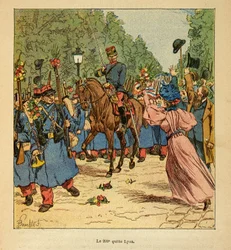 La Guerre à Madagascar-Histoire anecdotique des expéditions françaises de 1885-1895 par Henri Galli dit Galllichet (1854-1922), illustrée par Louis Bombled (1862-1927) : Le 200e de ligne quitte Lyon pour Madagascar en 1895, Collection privée