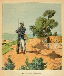 La Guerre à Madagascar-Histoire anecdotique des expéditions françaises de 1885-1895 par Henri Galli dit Galllichet (1854-1922), illustrée par Louis Bombled (1862-1927) : Avant-poste français à Diego-Suarez à Madagascar en 1885, Collection privée