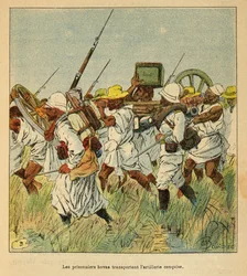 La guerre à Madagascar - Histoire anecdotique des expéditions françaises de 1885-1895 par Henri Galli dit Gallichet (1854-1922), illustrée par Louis Bombled (1862-1927) : Prisonniers hovas utilisés pour transporter des pièces d