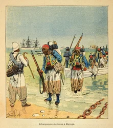 La Guerre à Madagascar - Histoire anecdotique des expéditions françaises de 1885-1895 par Henri Galli dit Galllichet (1854-1922), illustrée par Louis Bombled (1862-1927) : Débarquement des Turcos à Majunga