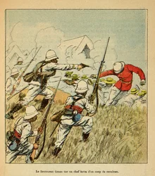 La Guerre à Madagascar - Histoire anecdotique des expéditions françaises de 1885-1895 par Henri Galli dit Gallichet (1854-1922), illustrée par Louis Bombled (1862-1927) : Le lieutenant Grss tue un chef Hova lors des batailles de Tsarasaotra en 1895, Collec