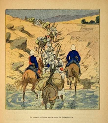 La guerre à Madagascar - Histoire anecdotique des expéditions françaises de 1885-1895 par Henri Galli dit Galllichet, illustrée par Louis Bombled : Un convoi militaire sur la route de Suberbieville en 1895