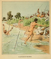 La guerre à Madagascar - Histoire anecdotique des expéditions françaises de 1885-1895 par Henri Galli dit Galllichet, illustrée par Louis Bombled : Les Sakalaves attaquent les négociateurs français à Marosakoa en 1895