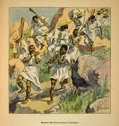 La guerre à Madagascar - Histoire anecdotique des expéditions françaises de 1885-1895 par Henri Galli dit Galllichet (1854-1922), illustrée par Louis Bombled (1862-1927) : Retraite des troupes Hovas dans les montagnes, Collection privée