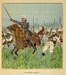 La guerre à Madagascar - Histoire anecdotique des expéditions françaises de 1885-1895 par Henri Galli dit Galllichet (1854-1922), illustrée par Louis Bombled (1862-1927) : Le commandant Lentonnet (1840-1896) avec les troupes françaises lors de la défense d