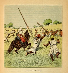 La Guerre à Madagascar - Histoire anecdotique des expéditions françaises de 1885-1895 par Henri Galli dit Gallichet (1854-1922), illustrée par Louis Bombled (1862-1927) : La chasse aux bœufs sauvages à Madagascar en 1895, Collection privée