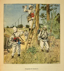 La Guerre à Madagascar - Histoire anecdotique des expéditions françaises de 1885-1895 par Henri Galli dit Galllichet, illustrée par Louis Bombled : Mise en place du télégraphe de campagne par les militaires à Madagascar en 1895