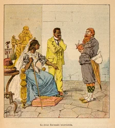 La Guerre à Madagascar - Histoire anecdotique des expéditions françaises de 1885-1895 par Henri Galli dit Gallichet (1854-1922), illustrée par Louis Bombled (1862-1927) : Un journaliste anglais interviewe la reine Ravanalo en 1895 en présence de son premie