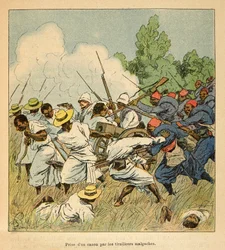 La Guerre à Madagascar - Histoire anecdotique des expéditions françaises de 1885-1895 par Henri Galli dit Galllichet, illustrée par Louis Bombled : Les Malgaches saisissent un canon lors des batailles d
