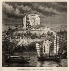 Un rocher avec des pagodes et divers bateaux sur la rivière bleue (Chine), gravure d