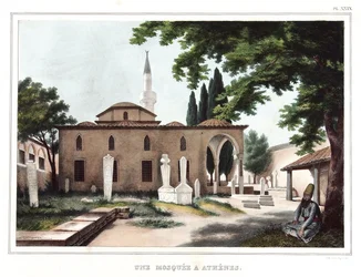 Une mosquée à Athènes - Voyage à Athènes et Constantinople, collection de portraits grecs et ottomans, vues et costumes, lithographies et coloriées par Louis Dupre (1789-1837), élève de David. 1825