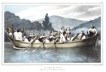 Ali Pacha de Janina (1741-1822), chassant sur le lac Butrinto en mars 1819, dans « Voyage à Athènes et Constantinople, ou collection de portraits, vues et costumes grecs et ottomans, peints sur place d