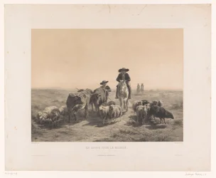 Boer en herder met koeien en schapen op weg naar de markt