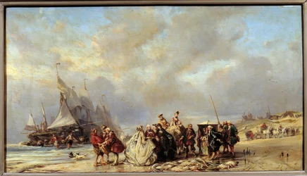 Seigneurs sur la plage de Scheveningue achetant du poisson