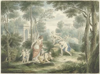 Paysage arcadien avec Athéna couronnant un vieil homme et Vénus et Adonis