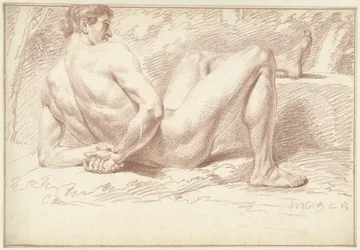 Homme nu couché, les bras derrière le dos