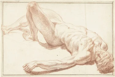 Étude de nu masculin, allongé sur le dos, jambe tendue