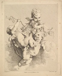 Trois cupidons jouant avec des branches de vigne