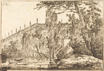 Parc avec terrasse et balustrade avec statues