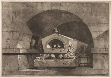 Tombe avec Sphinx : Monument funéraire avec une chouette sur un sarcophage soutenu par un Sphinx, vers 1779-84