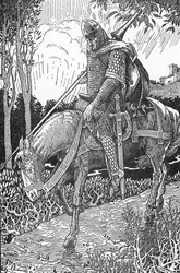 Mordred (Modred) blessé après la bataille de Camlann contre son père le roi Arthur (Mordred blessé après la bataille de Camlann) Illustration par Louis Rhead (1858-1926) de « Le roi Arthur et ses chevaliers » 1923 Collection privée