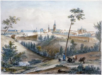Bouvier dans la campagne bretonne (Dinan au loin) - lithographie par Jacottet et Benoist