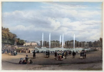 Parc de Versailles : Le Bassin du Dragon - dans « Promenade dans Paris et ses environs », dessiné par Jacottet et Benoist, vers 1840